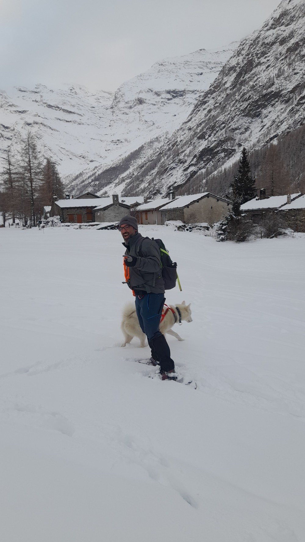 Cani-raquette : randonneur en raquettes relié à un husky dans la neige
